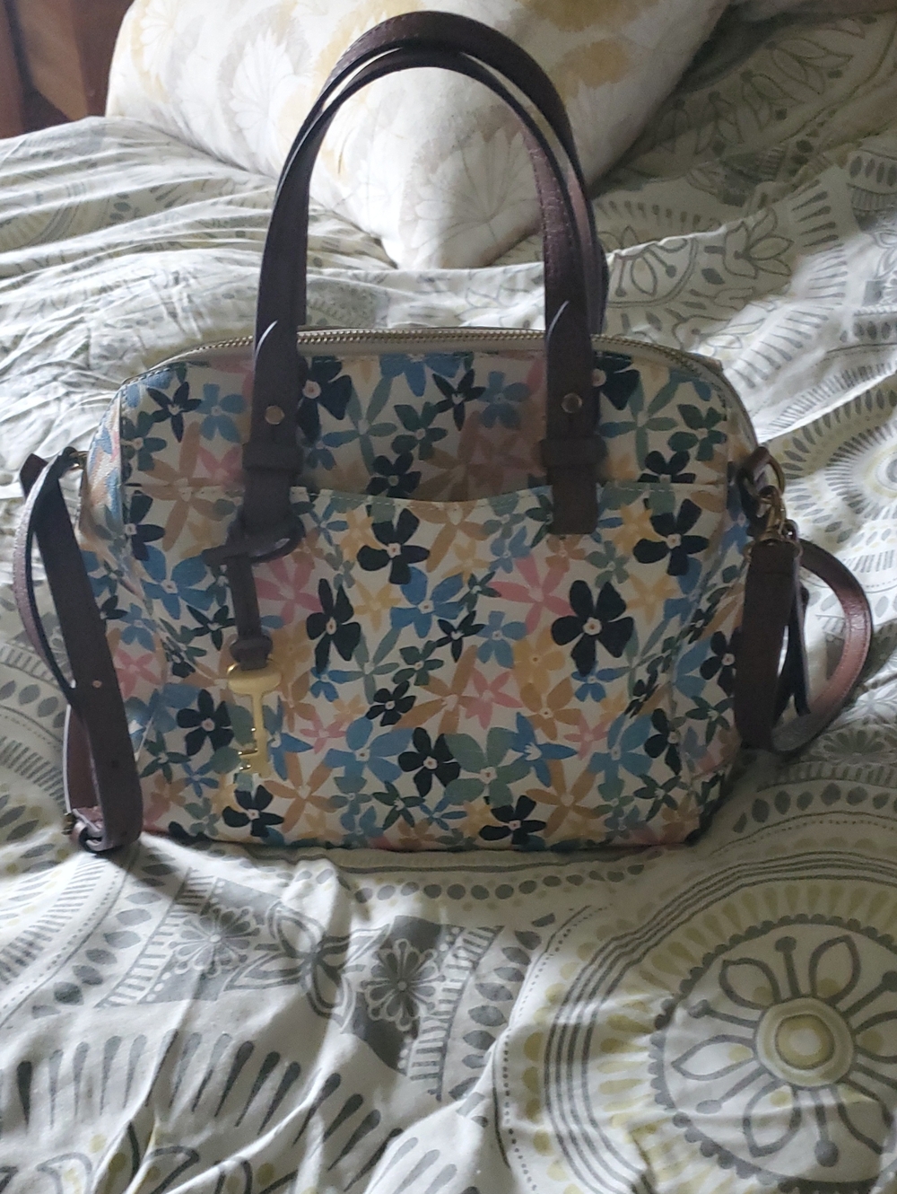Fossil Floral Print Lunch Bag in Blue, Pink, Cream & Brown
